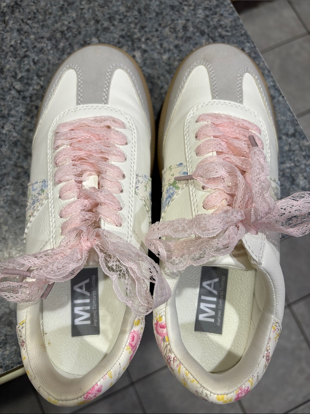 MIA Lace Ribbon Floral Accent Sneakers in Cream, Pink & Gray